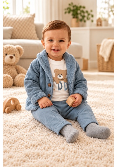Ahengim Erkek Bebek 3 Parça Takım Ayıcık Baskılı Tişört Hırka Ve Pantolon Seti Ak8536 Bebe Mavi