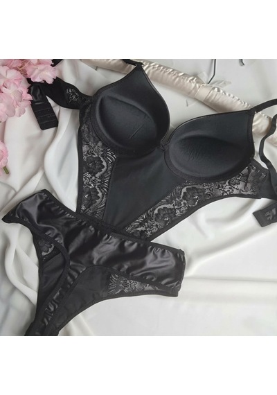 Ellovia Haki Deri Görünümlü Dantel Detaylı Destekli Bodysuit Gümüş