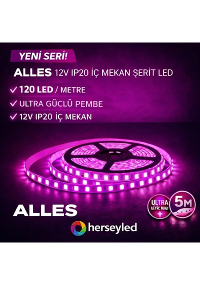 120 Ledli Profesyonel Şerit Led Pembe 5 Metre 12 Volt 2835 Çipli