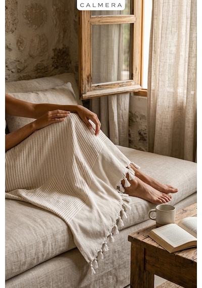 Calmera Çizgili Peştemal Pamuk - Doğal Saçaklı Plaj, Deniz, Havuz, Spa, Sauna, Spor, Seyahat Havlu - Bej