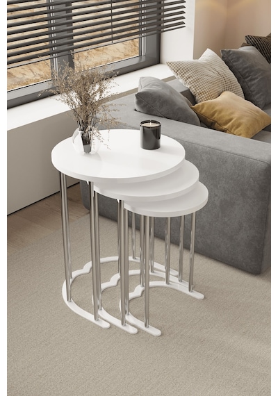 3' Lü Zigon Sehpa Gümüş Ayak Beyaz 18 Mm Mdf Gümüş