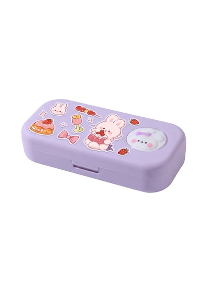 Sevimli Kawaii Figürlü Kalem Kutusu Çok Bölmeli Çift Katlı Büyük Kapasiteli Kalem Kutusu Sticker'lı Kalem Kutusu Sticker Yapıştırılabilir Kalemlik Sticker Kalemlik Mor