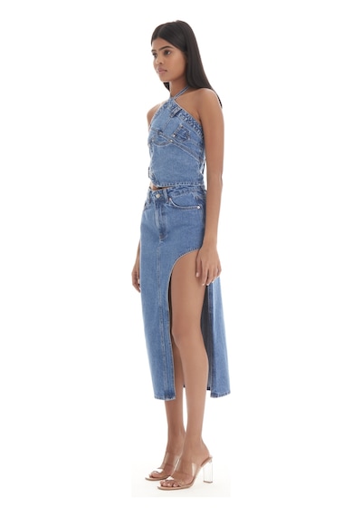 it's basic Kadın Mavi Kot Rengi Rosa Yandan Derin Yırtmaç Detaylı Uzun Denim Etek