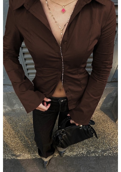 Madmext Kahverengi Vücuda Oturan Slim Fit Kadın Gömlek Mg2659 Kahverengi