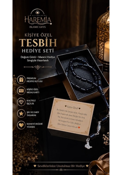Özel Kutulu Toz Kehribar Tesbih 33 Lük Plastik Kişiye Özel Notlu Hediyelik Siyah