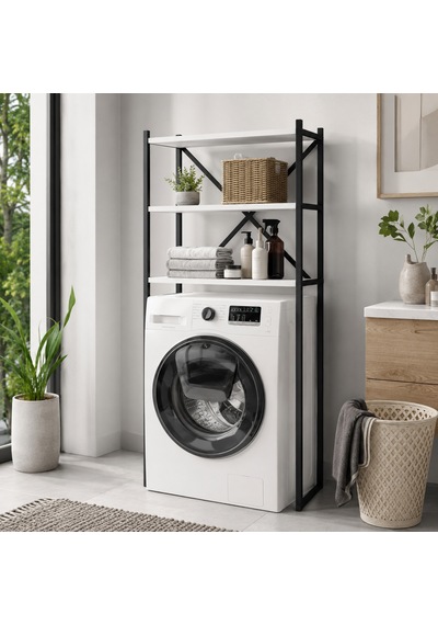 Braga Metal 3 Çamaşır Makinesi Üstü Düzenleyici Raf Beyaz Banyo Düzenleyici Dolap Siyah - Beyaz