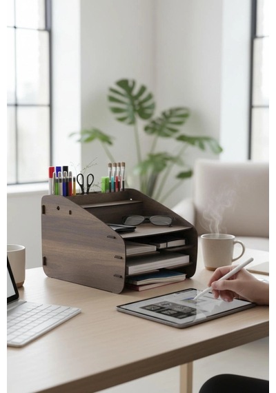 Evrak Rafı Masaüstü Medium Organizer Ceviz Desenli 3mm Mdf Kemençe
