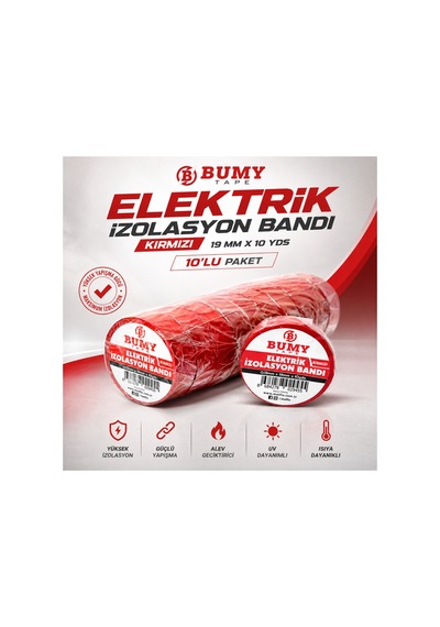 Elektrik İzolasyon Bandı Kırmızı - 19 Mm X 10 Yds - 10 Lu Paket