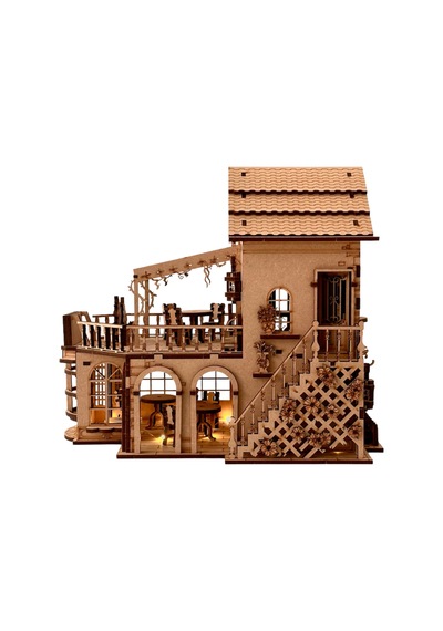 Işıklı Detaylı Kahve Dükkanı Diorama Maketi Ahşap Hobi Seti