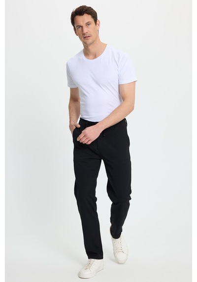 Tudors Erkek Slim Fit Dar Kesim Beli Lastikli Bağcık Detaylı Siyah Pantolon-41665 Siyah