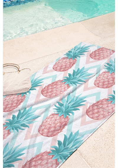 Ananas Tropikal Zigzag Plaj Havlusu - Pastel Bohem Pembe Turkuaz Hızlı Kuruyan Mikrofiber Havlu Kumlu Leylak