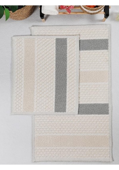 Naturel Pamuklu Kilim Yıkanabilir Banyo Paspası Seti 2'li Klozet Takımı 60x100-50x60cm 7021 Bej Diğer