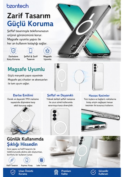 Samsung Galaxy Uyumlu A26 5g  Yumuşak Magsafe Kablosuz Şarj Destekli Şeffaf Kılıf Kamera İçin Yükseltilmiş Çerçeve