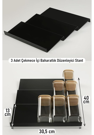 Color House 3 Adet Çekmece Içi Baharatlık Düzenleyici Stant Mutfak Dolap Içi Organizer Siyah Renk Z305 Tek Ebat Diğer