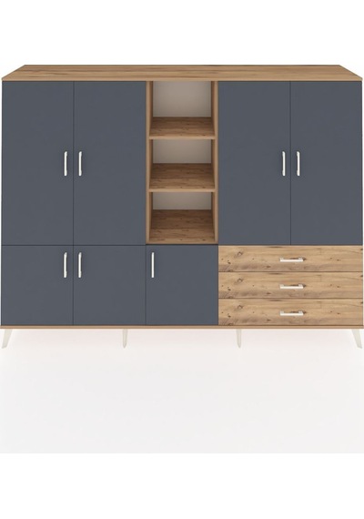 Hyperion Dolap 11 Raflı 3 Çekmeceli 7 Kapaklı 220x44x163 Çam-antrasit/çam Antrasıt/atlas Çam - Atlas Çam