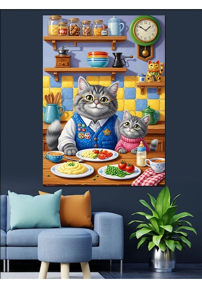 Ahşap Tablo Mutfakta Yemek Yapan Kedi