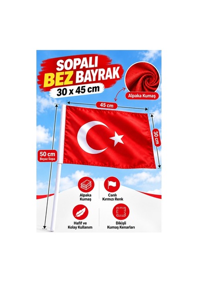 Sopalı Bez Bayrak 30x45 Cm 3 Adet Saplı Bayrak Ay Yıldız Plastik Çıtalı 30x45 Bez Bayrak Mill Bayram Kutlama 30 x 45 CM