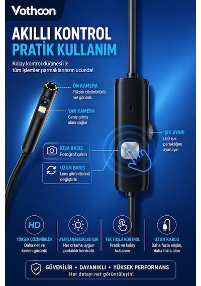5 Metre Çift Kameralı İos/android Uyumlu Yılan Endoskop Kamera 8mm 2mp Led Li Sert Kablo