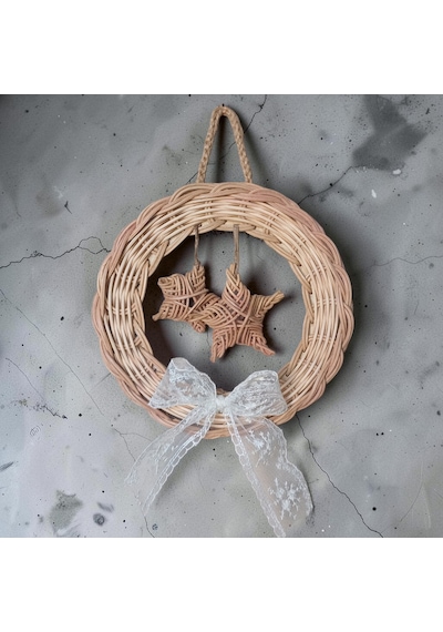 Handanrattan El Örgüsü Rattan Kapı Süsü - Yıldız Ve Çan Figürlü Bohem Duvar Dekorasyonu İkili Set: Yıldız 22 Cm & Çan 27 Cm
