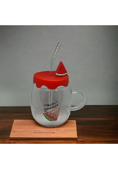 Karpuz Tasarımlı Cam Kupa Bardak - 450 Ml - Silikon Kapaklı - Pipetli Çok Renkli