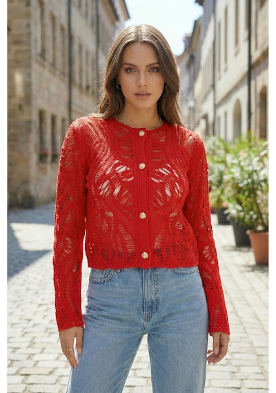 Sayzen Your Shine Dantel Desenli Gold Düğmeli Basic Ceket Shn-2602-tg Kırmızı