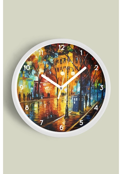 Yağlı Boya Görünümlü Cadde Modern Tasarım Duvar Saati - 42cm - Önü Camlı Beyaz Kasa Beyaz