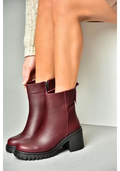Fox Shoes R654006503 Bordo Hakiki Deri Kalın Topuklu Kadın Bot Bordo