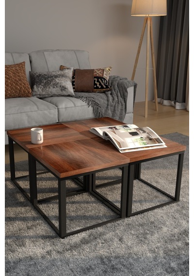 4'lü Kare Orta Sehpa Seti 88x88x40,7 Cm 28 Mm Tabla, Masif Ahşap Ayak Gri / Ceviz Ceviz