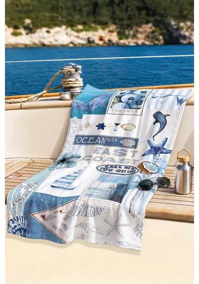 Deniz Temalı Marine Mavi Plaj Havlusu - Tropikal Sahil Kolaj Hızlı Kuruyan Mikrofiber Havlu Sedef Kıyısı