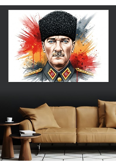 Kalpak Başlıklı Mustafa Kemal Atatürk Sulu Boya Portre Dekoratif Kanvas - Mdf Ahşap Tablo