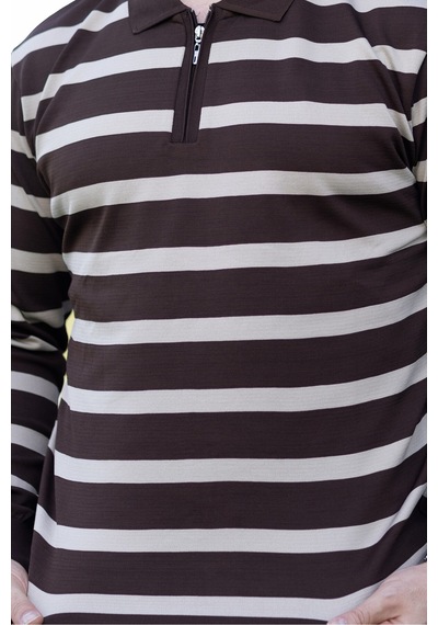 Hk Premium Kazak Fermuarlı Polo Yaka Çizgili Triko Sweatshirt Kahverengi