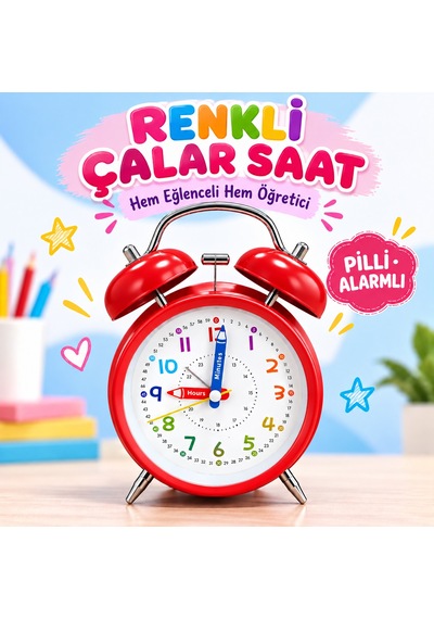 Eğitici Ve Eğlenceli Renkli Çalar Saat Pilli, Metal Gövdeli Çocuk Saati Kırmızı