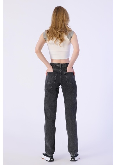 Straight Mıd Waıst Düz Denim Pantolon Kadın-antrasit Antrasit