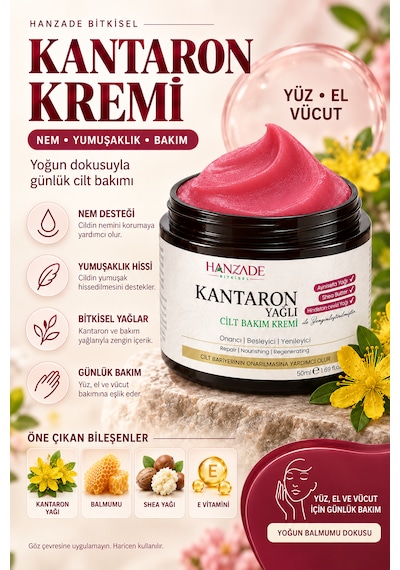 Hanzade Bitkisel Kantaron Yağlı Krem 50 Ml Nemlendirici Yüz, El Ve Vücut Bakım Kremi, E Vitaminli