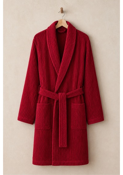 Bordo Çizgili Bornoz %100 Sertifikalı Pamuk Şal Yaka Unisex Banyo Bornoz / Sabahlık 340 Gr/m2 Bordo Renk