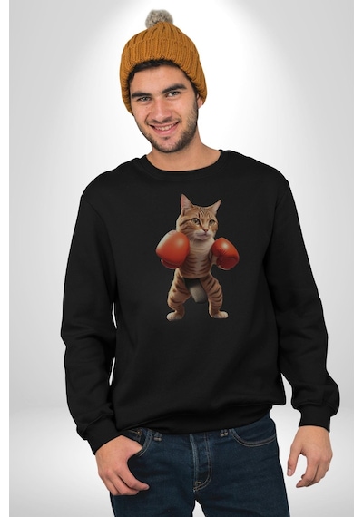 Boks Yapan Kedi Unisex Siyah Baskılı Sweatshirt Siyah