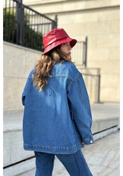 Kadın Mavi Geniş Cepli, Kaliteli Jeans Kumaş, Salaş Kot Ceket