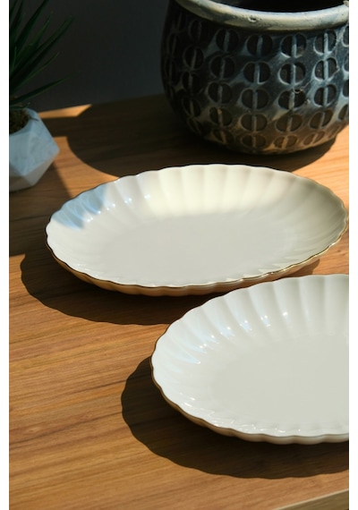 Kütahya Porselen Bone Luz Altın File Kayık Tabak 27x19cm Bnlzf28ky20 2 Li Krem