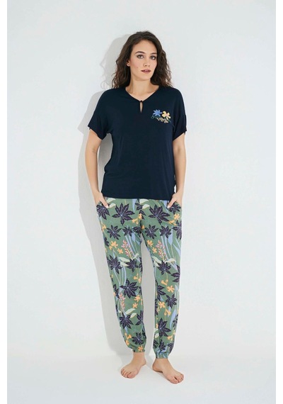 Monamise Kadın Çiçek Ve Yaprak Baskılı "summer Vocation" Pijama Takımı 23098 Lacivert