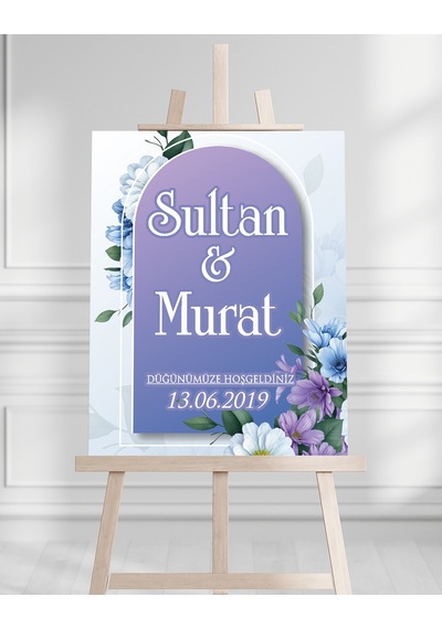 Söz Nişan Düğün İçin 50x70 Karşılama Panosu - Mor Çiçek Tasarımlı 001 Beyaz