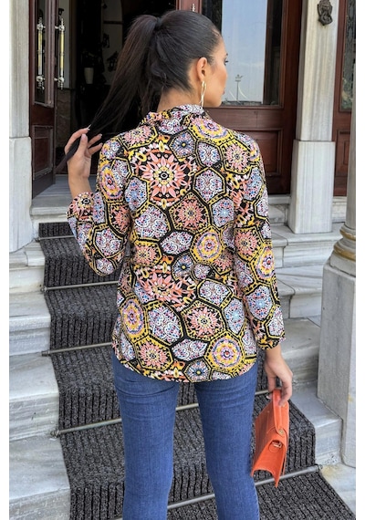 WeShaya Kadın Multi Color Klasik Yaka, Uzun Kol, Digital Baskılı Kumaş, Regular Kalıp/kesim, Gömlek Siyah