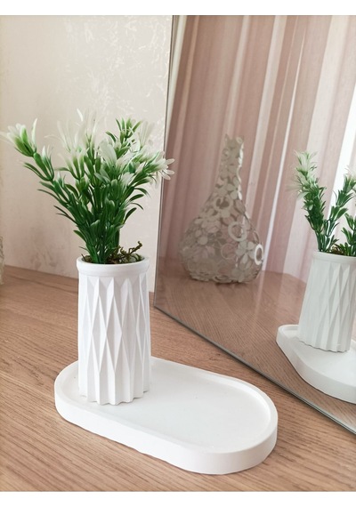 Mini Desenli Beton Saksı Tekli Ve Oval Tabak - Yapay Çiçek Hediyeli - Beyaz