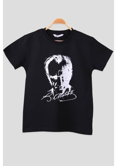 Nacar Store Unısex Çocuk Siyah Mustafa Kemal Atatürk Baskılı Tişört