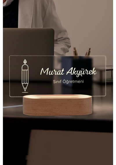 Öğretmenler İçin Kişiye Özel Masa İsimliği Masif Ahşap Tabanlı Usb Kablolu Pleksi Led Gece Lambası