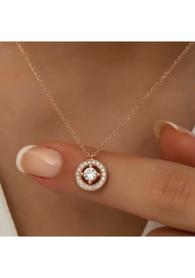 Gümüş Rose Minimal Yuvarlak Tektaş Bayan Kolye Çok Renkli