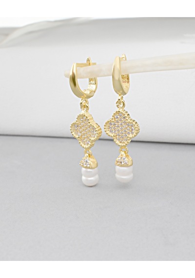 Brezza Lusso Jewelry 18k Serie Oro Sallantılı Hakiki İncili Yonca Gümüş Küpe