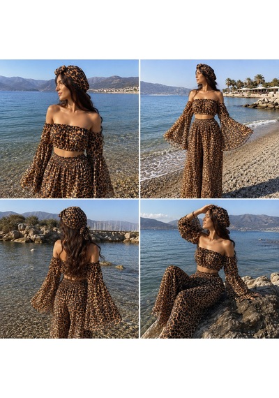 Na Addesıgn Leopar Desenli Şifon 3 Lü Plaj Takımı İspanyol Kol Crop Set Leopar