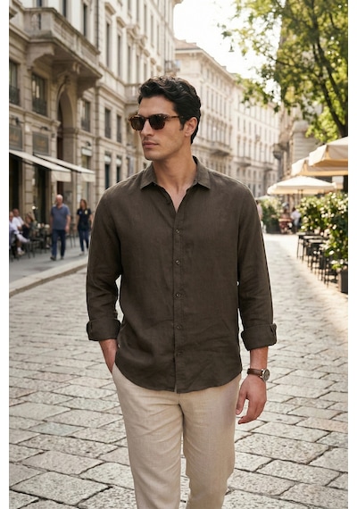 Buratti Pamuklu Regular Fit Klasik Yaka Uzun Kollu % 100 Keten Gömlek Erkek GÖMLEK CF26S1210000 Kahve