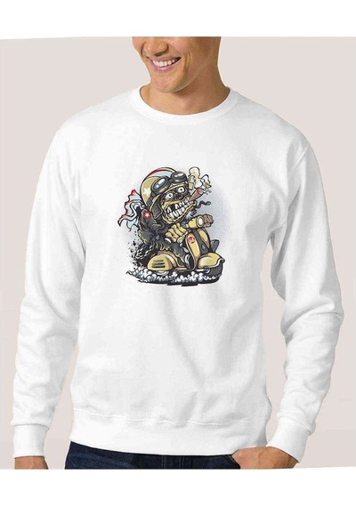 Scooter Smoker Baskılı Beyaz Erkek Örme Sweatshirt