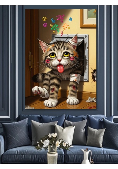 Ahşap Tablo Kapıdan Çıkan Komik Dil Çıkaran Kedi Hayvan Tabloları